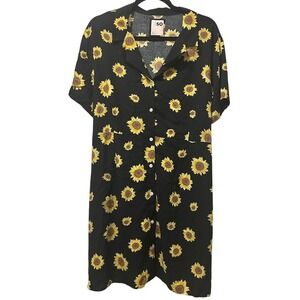SO Black Sunflower Print Button Up Shirt Dress Midi Kaftan Style‎ Size 3X